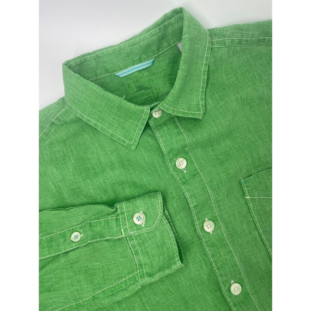 Tommy Bahama 100% Linen Button Up Shirt Men’s M Parrot Green Logo Vacation